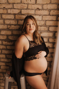 Woman in cardian for her phoenix studio maternity session