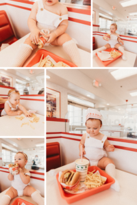 9 month old baby eating in-n-out for 9 month milestone session in Phoenix