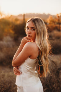 Inspiration for senior portraits in phoenix at lost dutchman state park silk dress for senior session