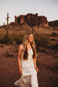 Inspiration for senior portraits in phoenix at lost dutchman state park silk dress for senior session