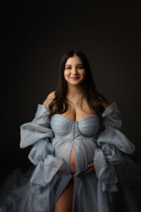 maternity portraits in phoenix in studio blue maternity dress