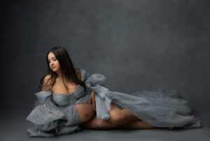 maternity portraits in phoenix in studio blue maternity dress