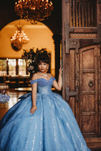 Phoenix Quinceañera Portrait Photography in blue dress at Ashley Castle