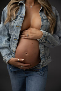 Jean jacket maternity session inspiration in phoenix maternity studio