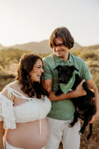 sunset maternity session in phoenix arizona with dogs